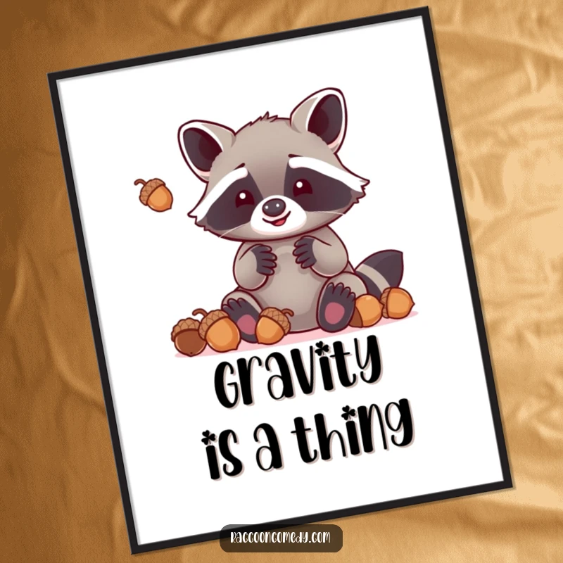 Funny kawaii raccoon with oversized paws hilariously attempting to juggle acorns, available as a digital art print download.