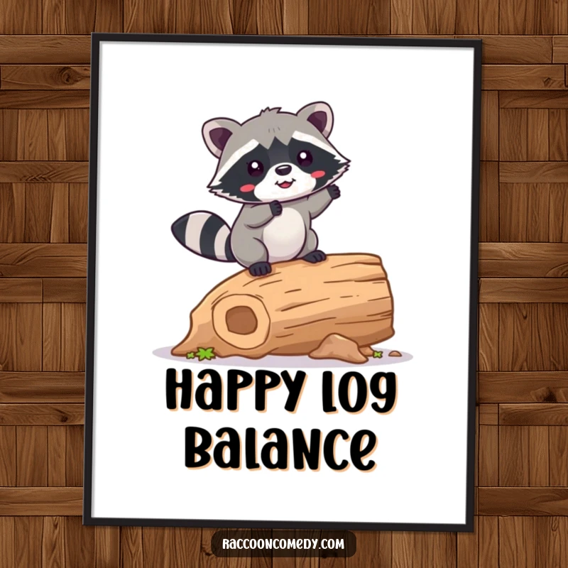 Funny Raccoon Digital Art Print: A kawaii raccoon happily wobbling on a hollow log, adding cute charm and humor to any digital display.