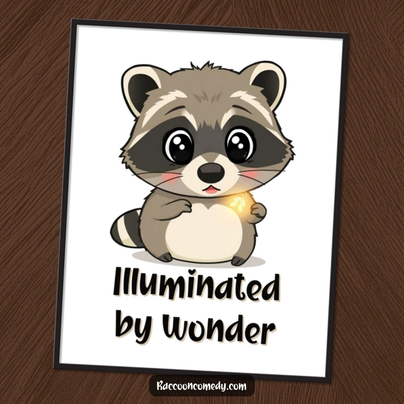 Funny raccoon digital art print of a surprised raccoon with wide eyes, mesmerized by a tiny, glowing firefly, perfect for adding magical decor.