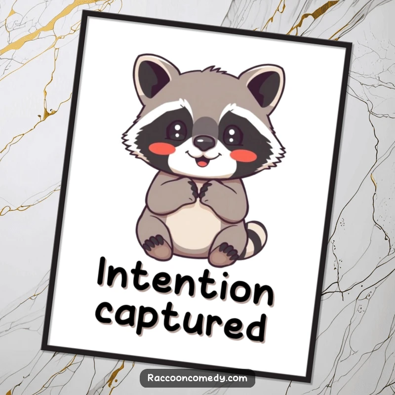 Funny raccoon digital art print capturing a cute raccoon with paws clasped, looking absolutely delighted and full of joy.