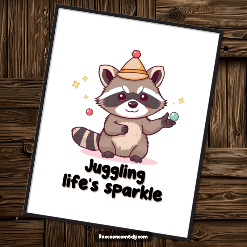 Funny cute raccoon digital art print, tiny hat, juggling shiny objects, printable wall art, humorous animal graphic.