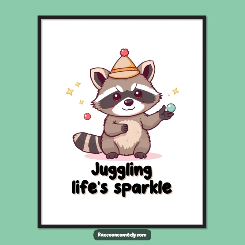 Funny Raccoon Juggling Hat Digital Art, Instant Whimsical Surprise for Your Walls