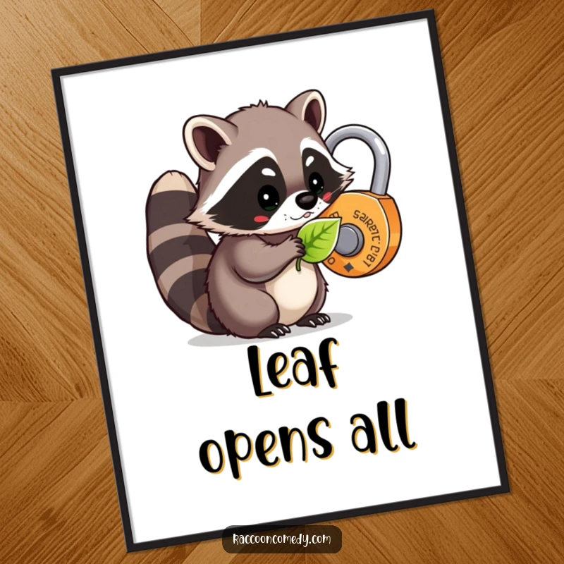 Funny kawaii raccoon attempting to unlock a whimsical lock with a leaf, printable digital art for humorous and whimsical decor.