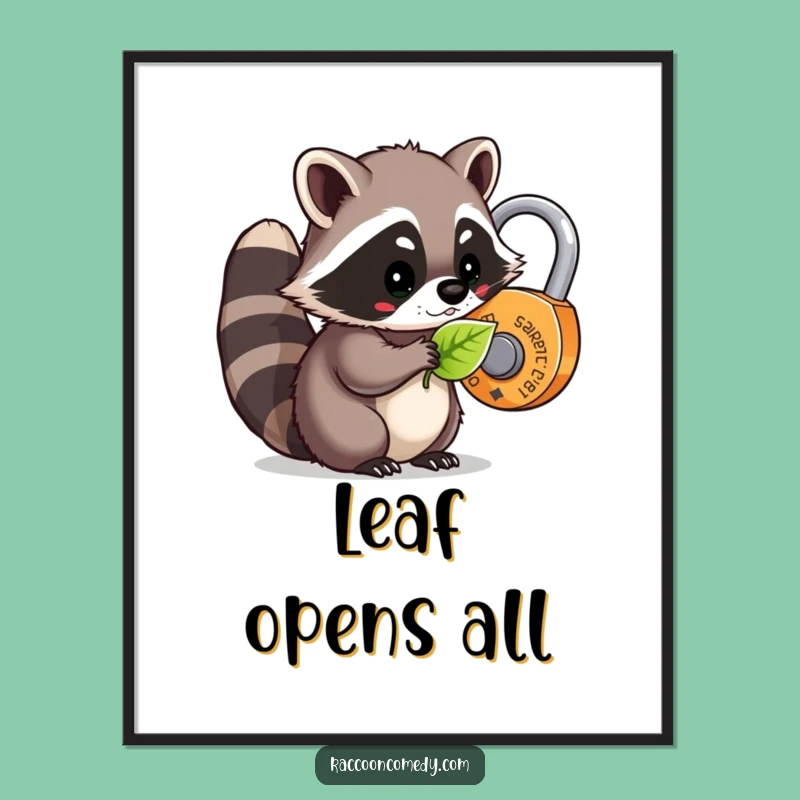 Funny Kawaii Raccoon Leaf Lock Digital Art: Printable Whimsy and Nature's Humorous Key