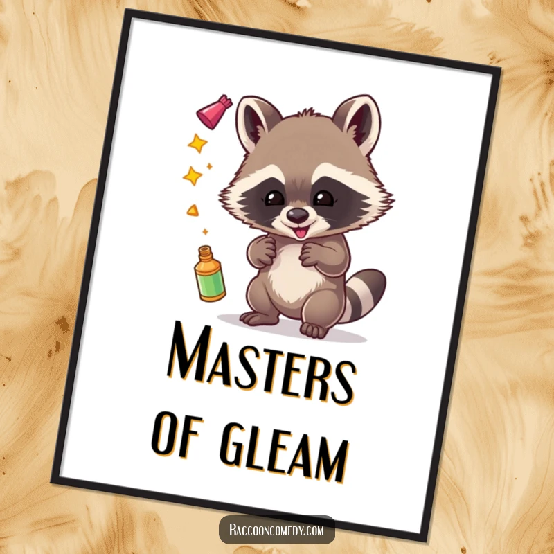Funny, printable digital art of a happy raccoon juggling various shiny objects, radiating playful mischief and glee.