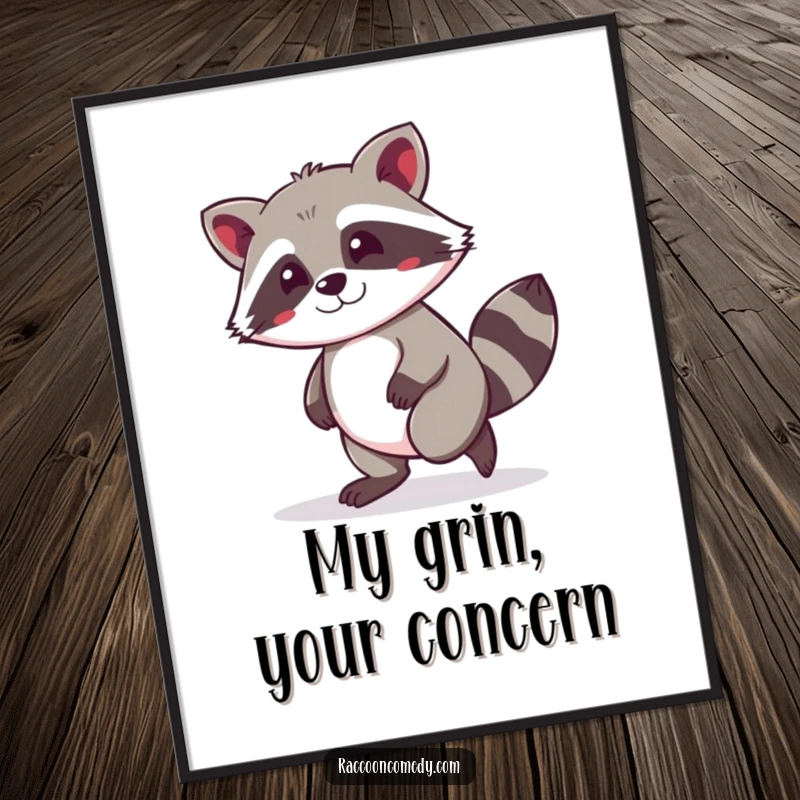 Funny kawaii raccoon tiptoeing with a mischievous grin, available as a high-resolution digital art print for instant download.