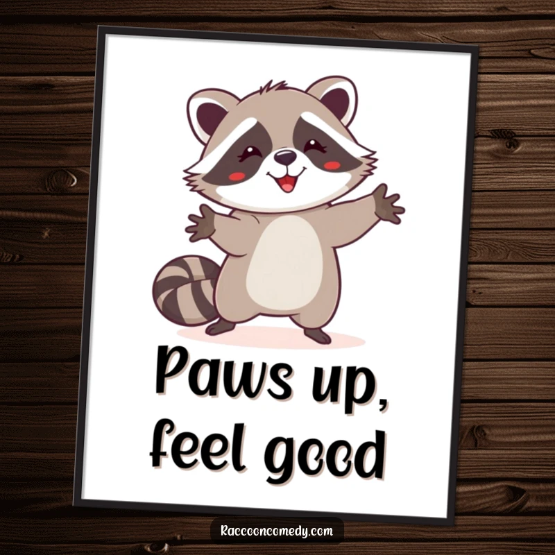 Funny happy raccoon digital art print, silly dance, paws in the air, printable wall art, humorous animal graphic.