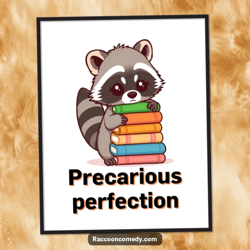 Funny digital art print of a raccoon wobbling under the weight of stacked items, a humorous piece for wall decor.