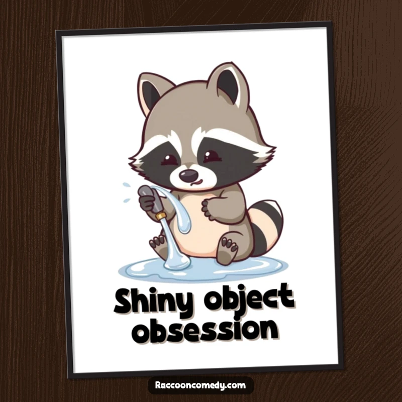 Funny raccoon digital art print featuring a cute character playfully washing a shiny object, offering instant charm and unique decor.