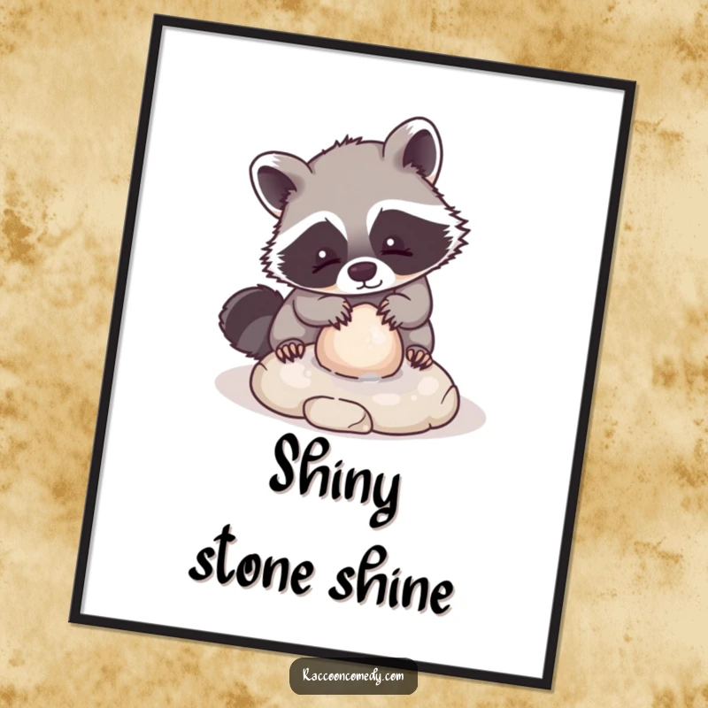 Funny digital art print of a kawaii raccoon character playfully washing a small, round stone, creating instant adorable and heartwarming wall decor.