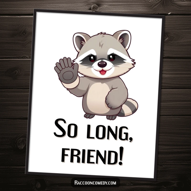 Funny kawaii raccoon in oversized gloves, enthusiastically waving goodbye, printable digital art for humorous and cheerful decor.