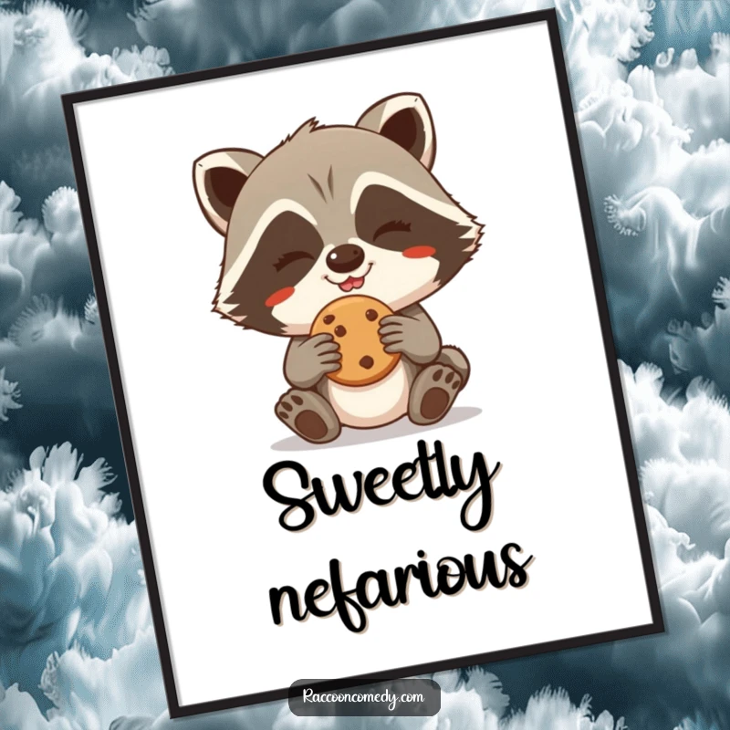 Funny Raccoon Digital Art: A giggling raccoon grins, caught in the act of stealing a cookie.