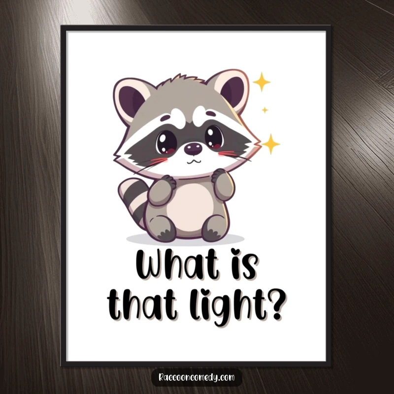 Funny kawaii raccoon looking surprised by a shimmering light, available as a high-resolution digital art print for instant download.