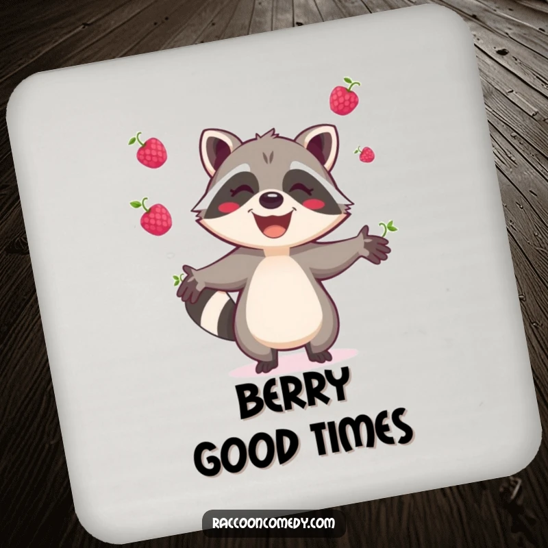 Funny raccoon coasters, set of four, depicting a joyful raccoon gleefully juggling berries, protecting surfaces with colorful art.