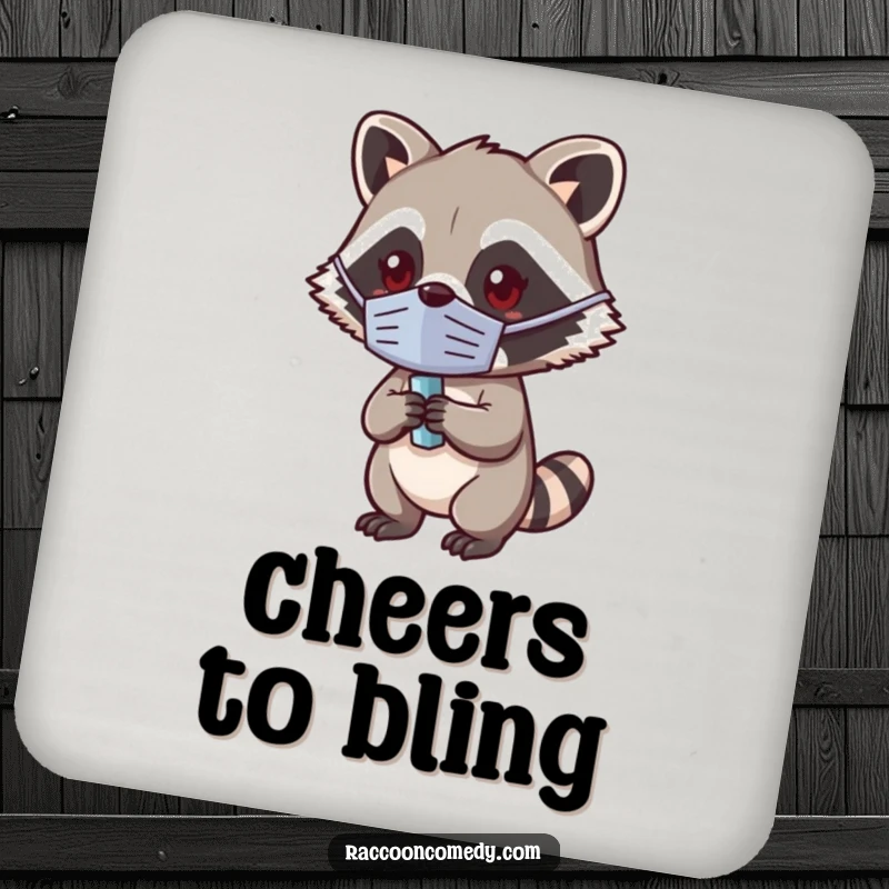 Funny Kawaii Raccoon Coaster: A cute masked raccoon holding a shiny object, protecting surfaces.
