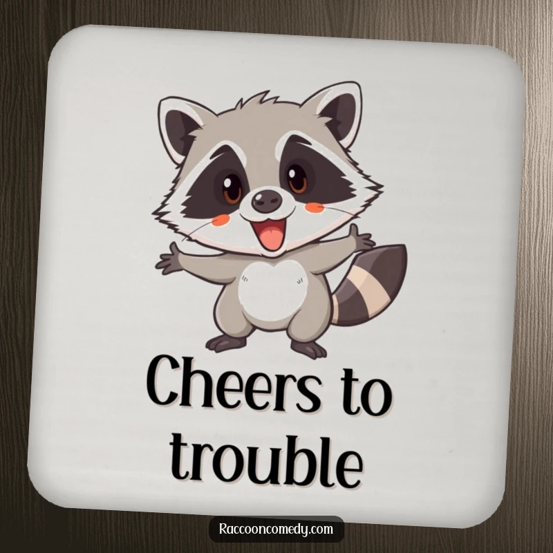 Funny drink coaster depicting an excited raccoon, prepared for a secret mission or a spontaneous, adventurous outing.