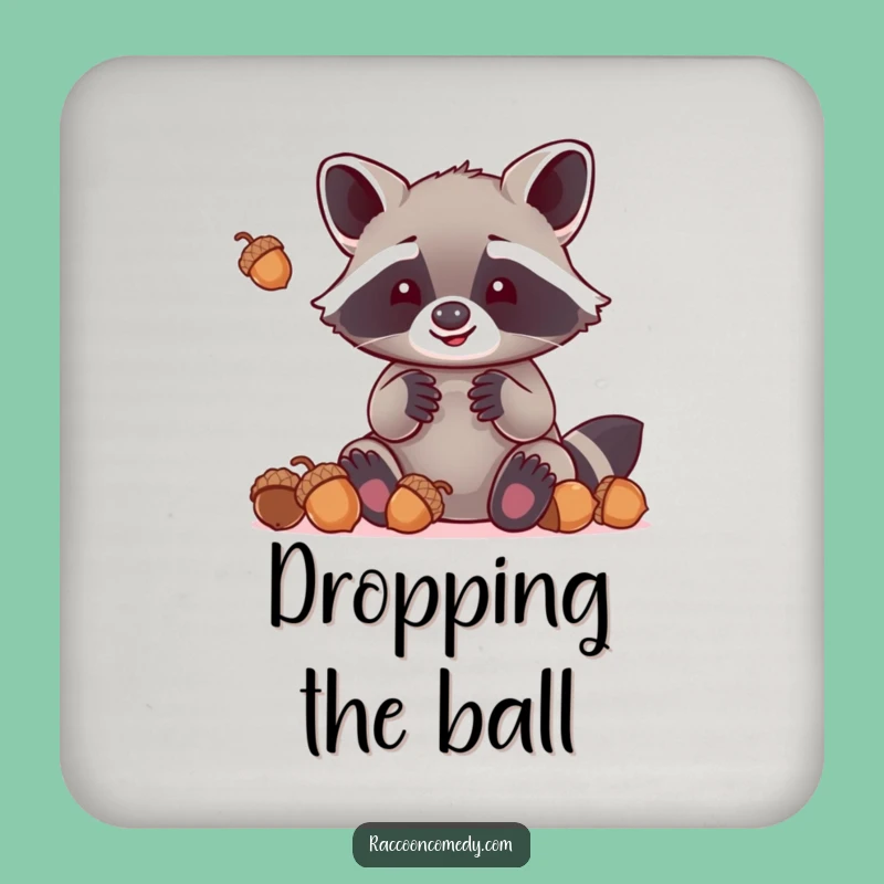 Funny Kawaii Raccoon Coaster: Juggling Acorns, Cute & Humorous Table Protection