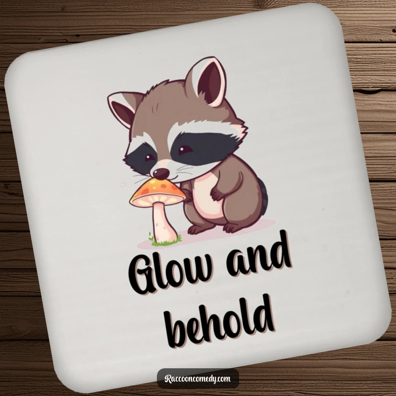 Funny Raccoon Coaster: A curious raccoon gazes at a glowing mushroom, adding wonder to your tabletop.