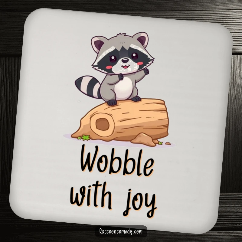 Funny Raccoon Coaster: A kawaii raccoon happily wobbling on a hollow log, protecting surfaces with a dose of adorable humor.