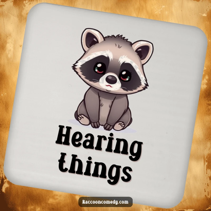 Funny kawaii raccoon with its head tilted curiously, listening intently, showcased on a drink coaster to add intrigue to any surface.