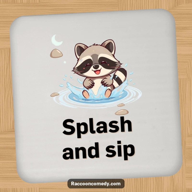 Funny kawaii raccoon joyfully splashing in a stream with delight, showcased on a drink coaster to add cheer to any surface.