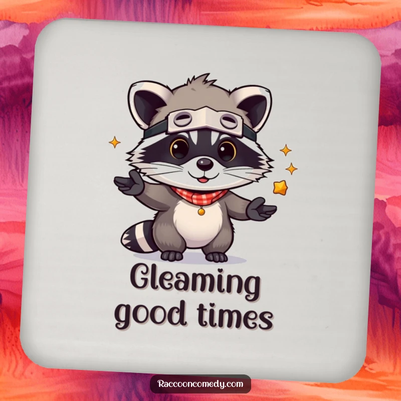 Funny Raccoon Coaster: A kawaii raccoon bandit juggling shiny objects, protecting surfaces with a dose of adorable humor.