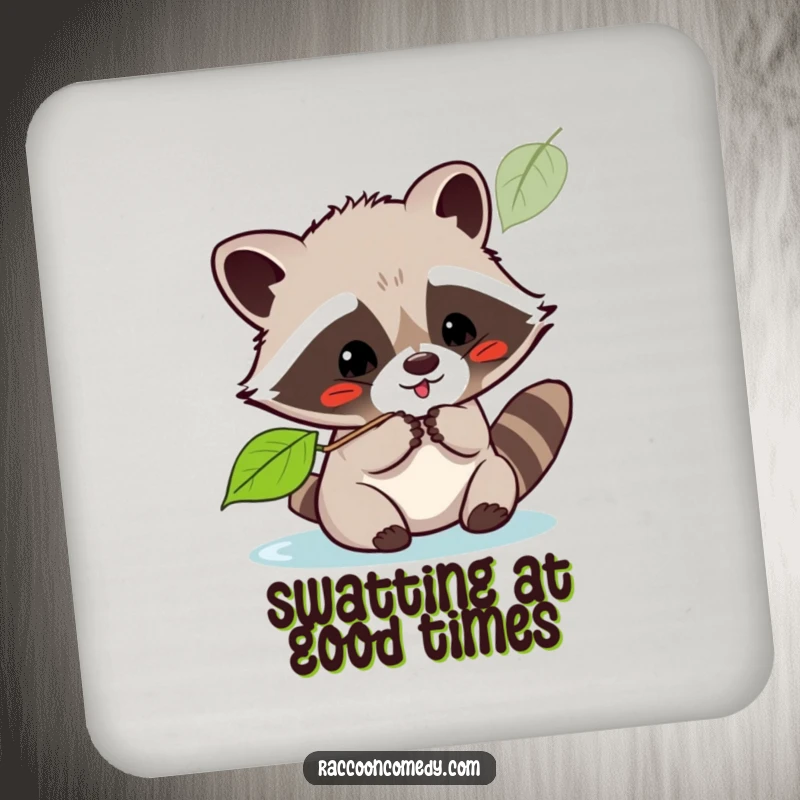 Funny kawaii raccoon playfully batting at a floating leaf on a durable drink coaster, protecting surfaces with charm.