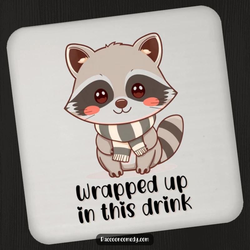 Funny kawaii raccoon with a cheeky smile and striped scarf on a durable drink coaster, protecting surfaces with style.