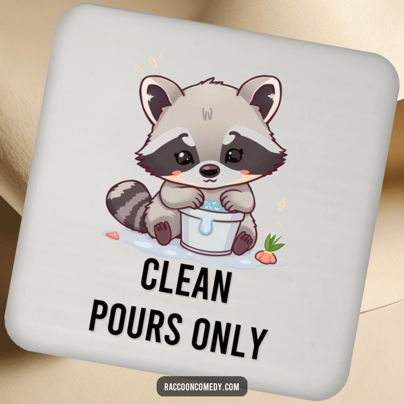 Funny Kawaii Raccoon Coaster: A cute raccoon washing in a small bucket, protecting surfaces.