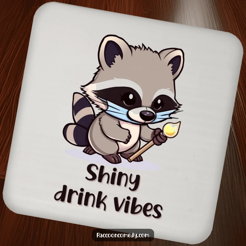 Funny drink coaster with a cute, masked raccoon tiptoeing with a shiny object, protecting surfaces with lighthearted mischief.