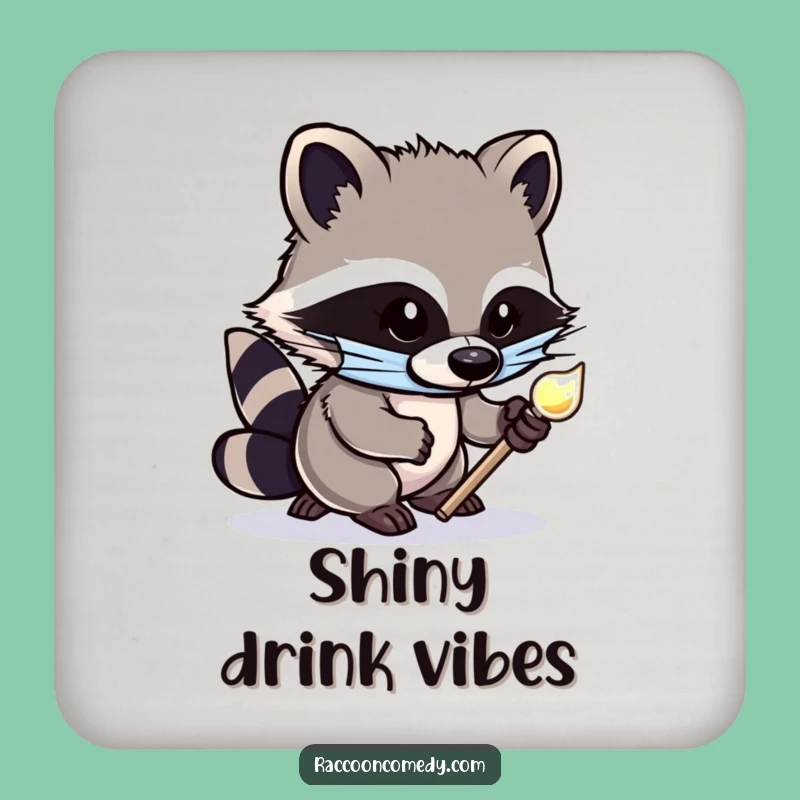 Funny Raccoon Coaster: Cute Masked Bandit Tiptoeing with Shiny Object Drink Protector Gift
