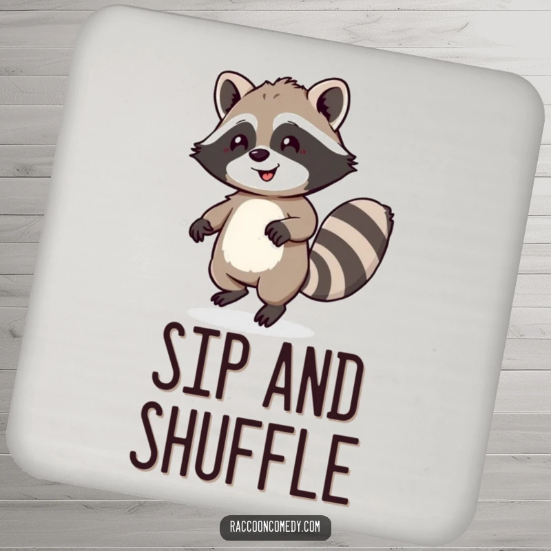 Funny drink coaster showing a happy raccoon dancing, offering surface protection with a touch of infectious humor.