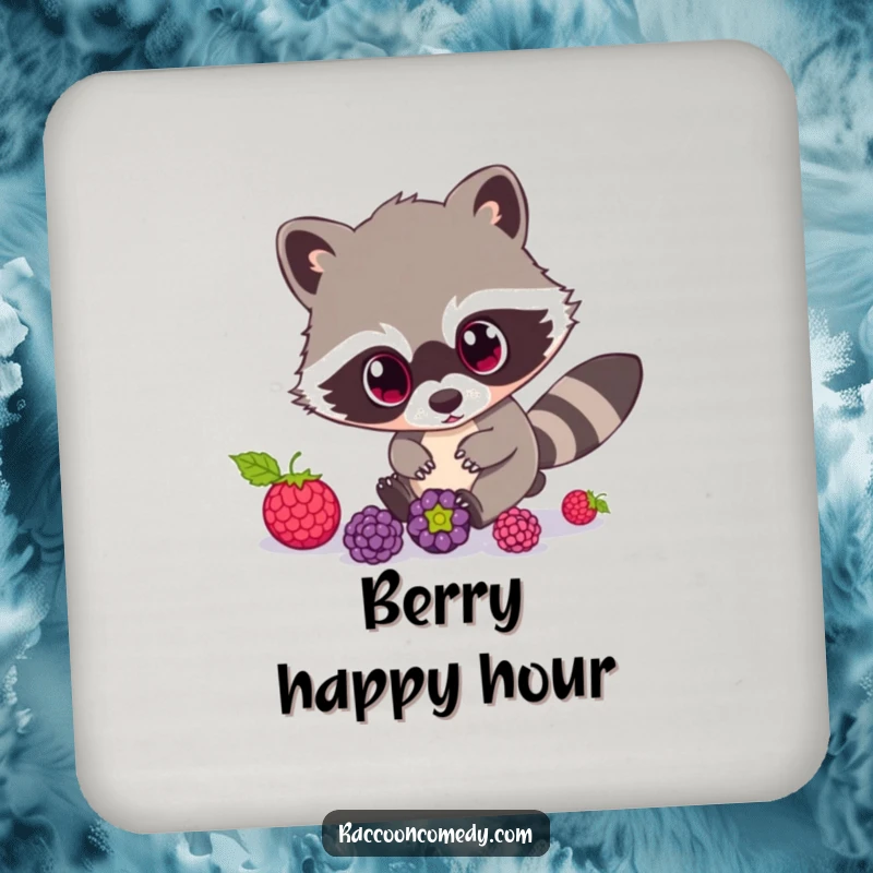 Funny Raccoon Coaster: A coaster depicting a raccoon with comically wide eyes, humorously chasing after rolling berries.