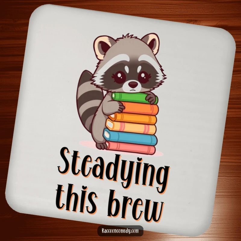 Funny drink coaster featuring a raccoon precariously balancing objects, protecting your surfaces with a smile.