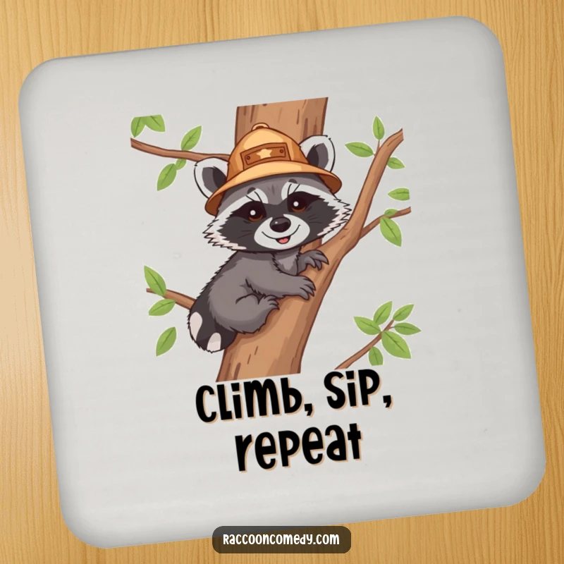 Funny drink coaster featuring a smiling raccoon cub explorer climbing a tree, adding a humorous and protective touch to home decor.