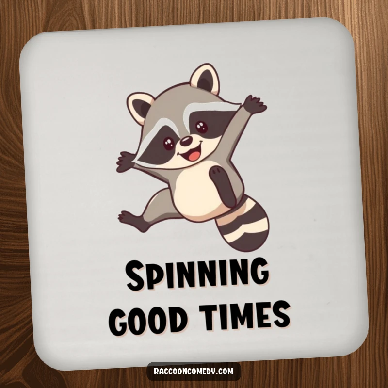 Funny drink coaster with a smiling raccoon performing a nimble acrobatic flip, protecting surfaces with humor.