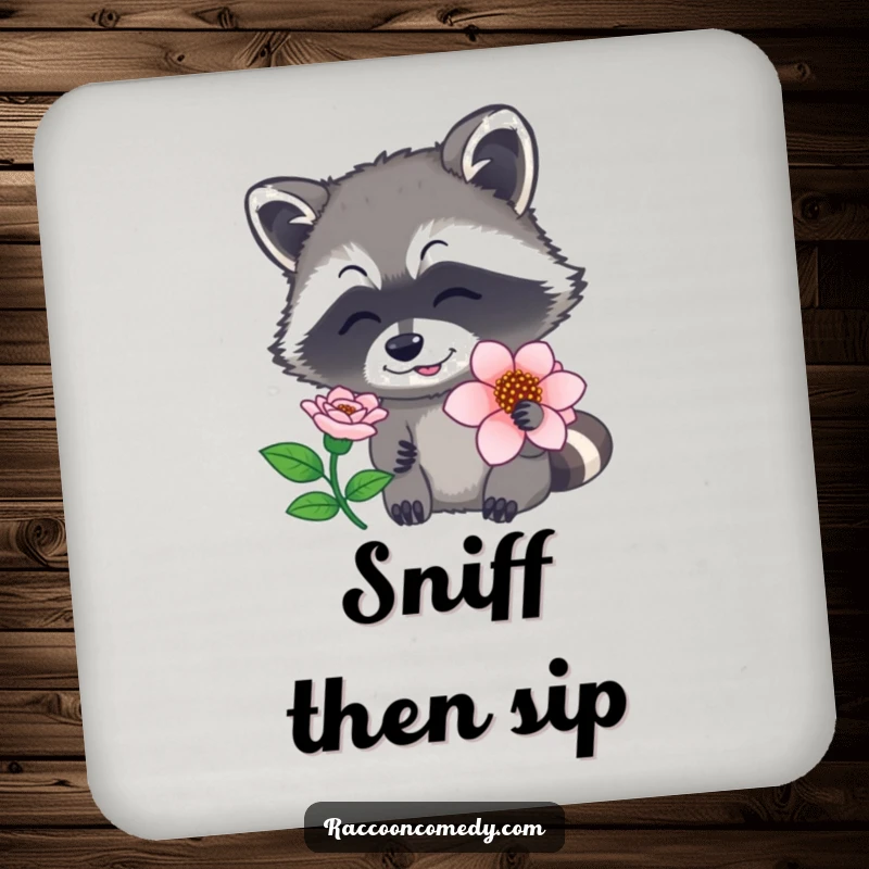 Funny raccoon coaster with an illustration of a raccoon sniffing a flower, nose twitching, protecting surfaces with nature's charm, a funny gift.