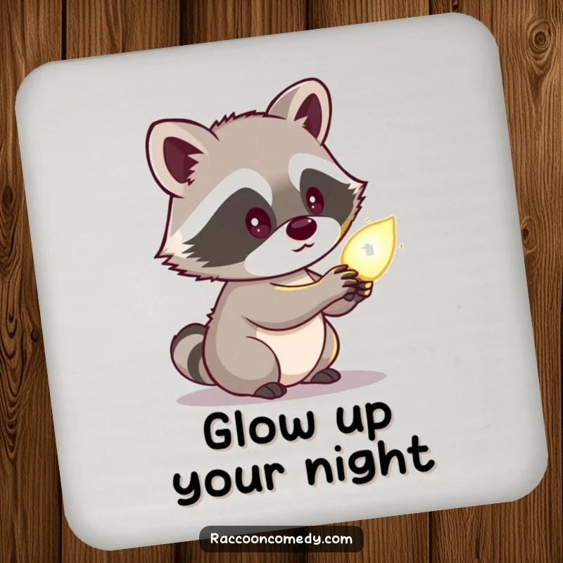 Funny raccoon drink coaster with a cute character looking curiously at a glowing object, offering surface protection with a sense of mystery.