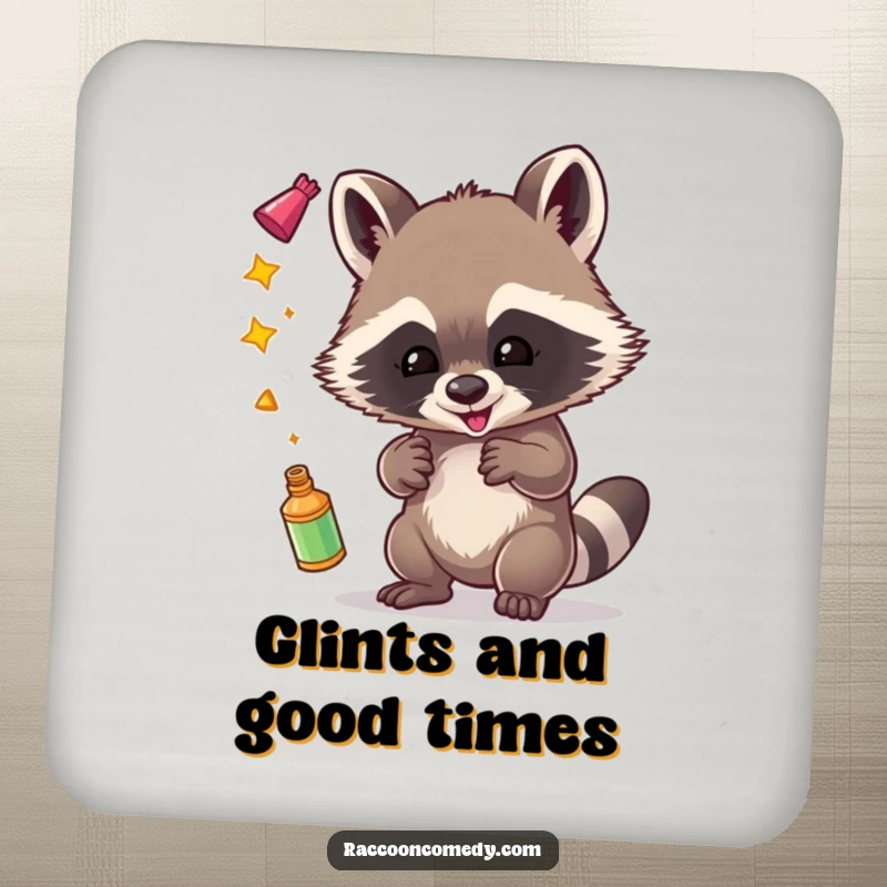 Funny drink coaster with a mischievous raccoon gleefully juggling shiny items, protecting surfaces with humor.