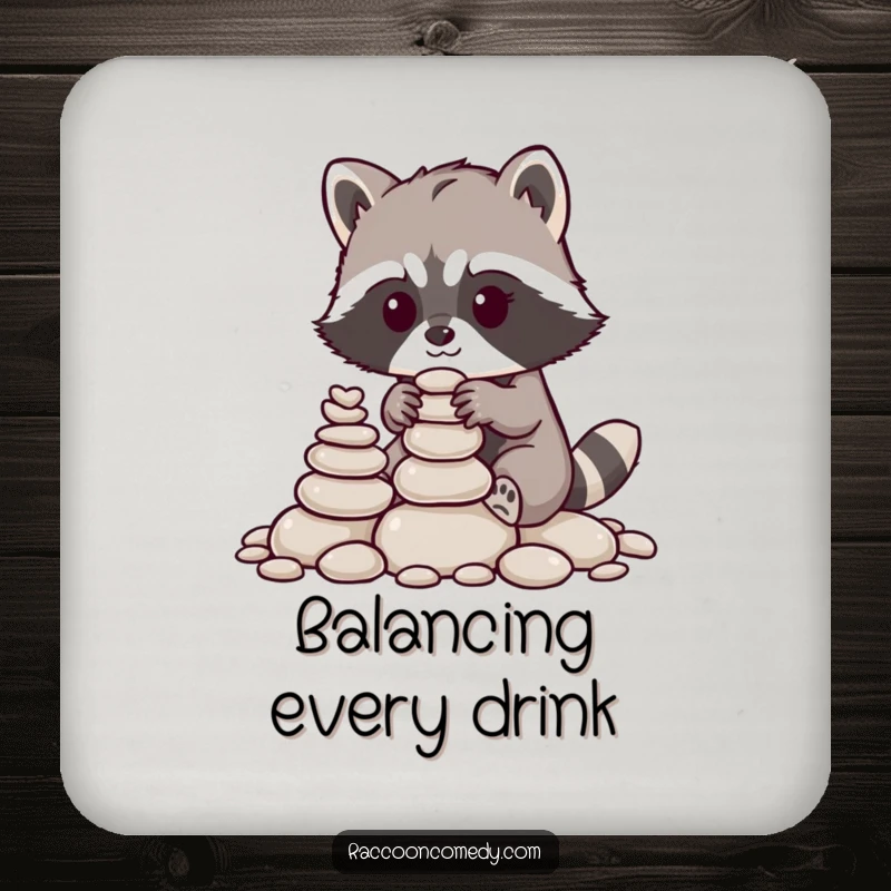Funny raccoon coasters, set of four, depicting a raccoon meticulously stacking pebbles, protecting surfaces with cute art.