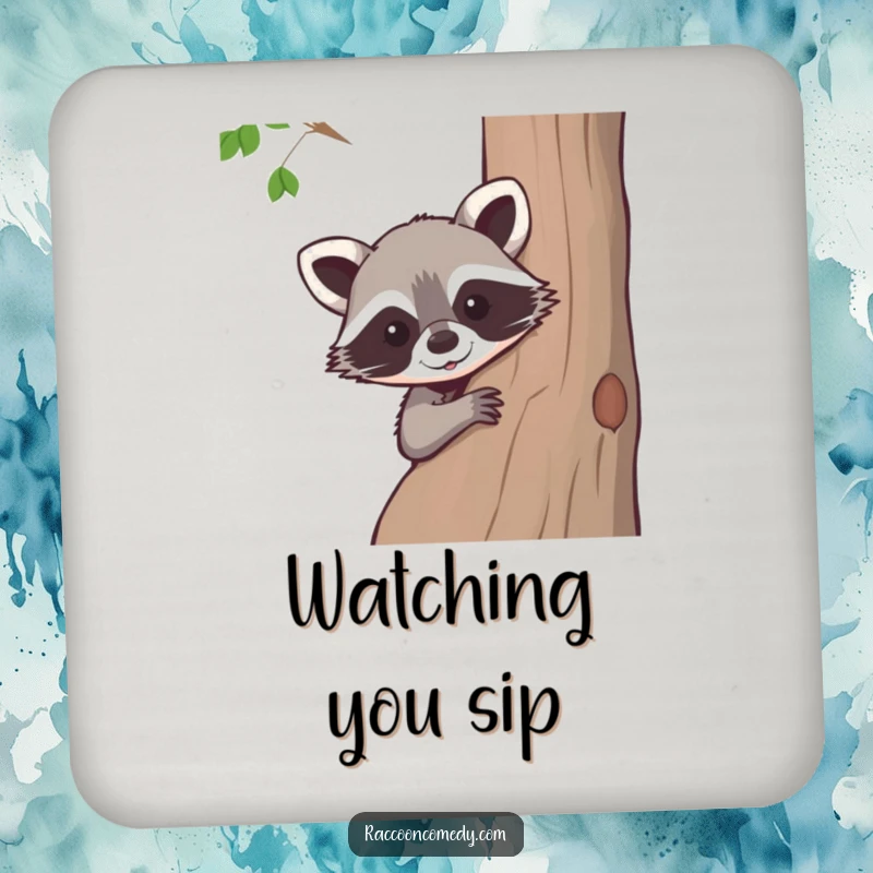 Funny raccoon coasters, set of four, featuring a curious raccoon peeking from behind a tree, protecting surfaces with style.