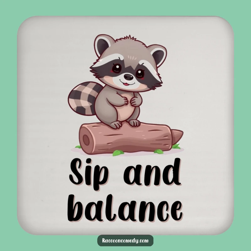Funny Tiny Raccoon Balancing Log Coaster - Cute Drink Protection Gift