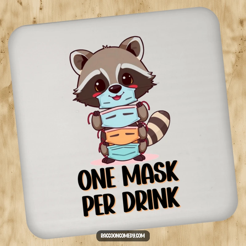 Funny raccoon drink coaster with a cheerful raccoon balancing colorful masks, adding a humorous and protective element to tabletops.