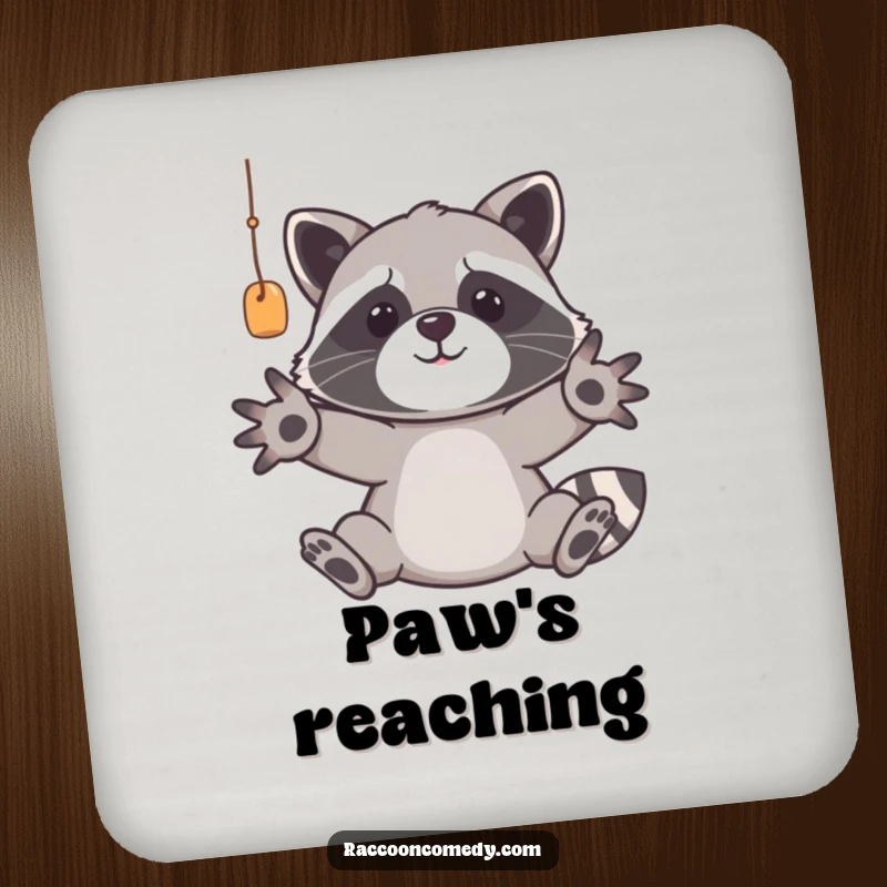 Funny raccoon drink coaster featuring a determined trash panda with outstretched paws, ready to guard your beverage with a funny, protective stance.