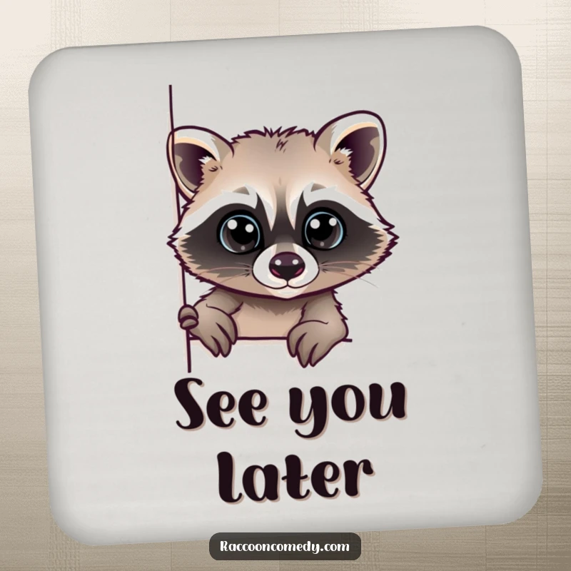 Funny drink coaster with a raccoon's face peeking around a corner, its wide eyes conveying curiosity and charm.