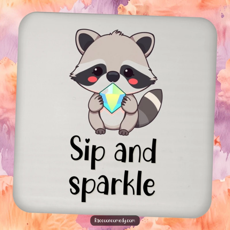 Funny drink coaster featuring a cute kawaii raccoon offering a sparkling gem, adding a touch of sweetness to any surface.