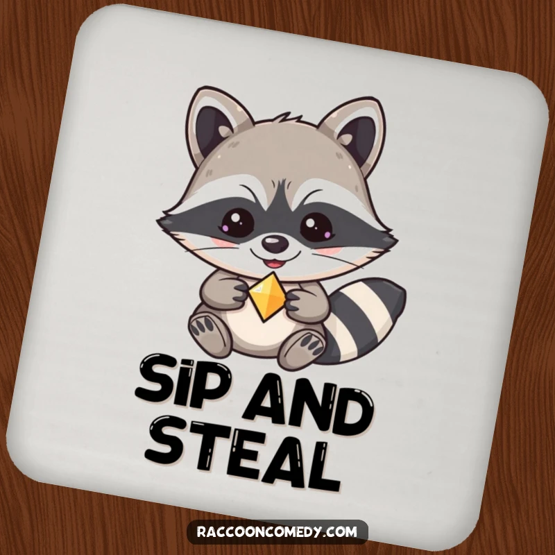 Funny kawaii raccoon drink coaster, with a mischievous grin, holding a shiny trinket as it protects your table.