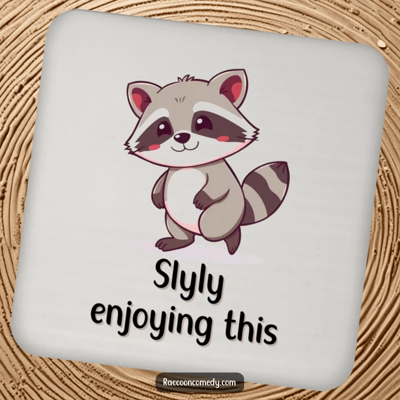 Funny kawaii raccoon tiptoeing with a mischievous grin on a durable drink coaster, protecting surfaces with charm.
