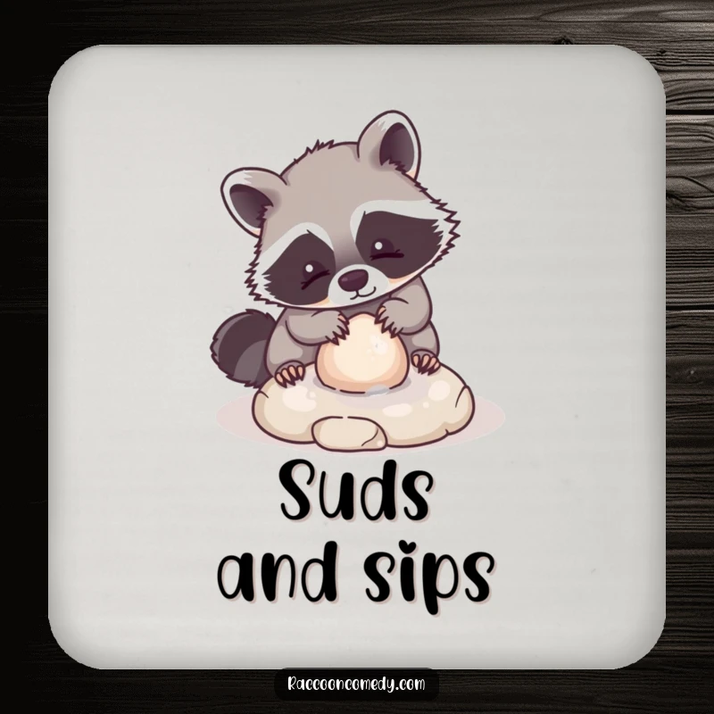 Funny drink coaster with a kawaii raccoon character playfully washing a small, round stone, protecting surfaces with adorable focus.