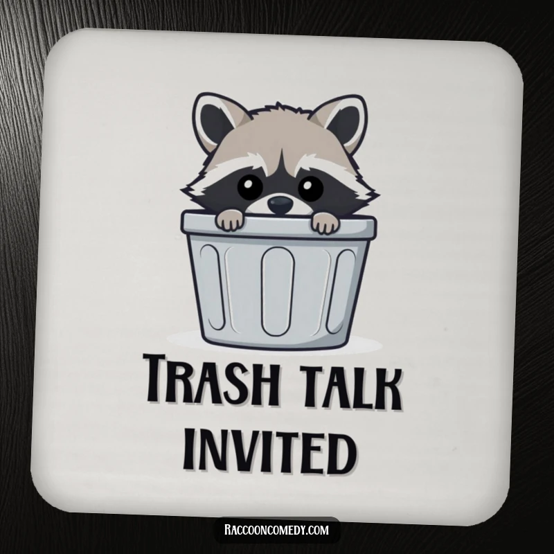 Funny mischievous raccoon coasters, peeking from trash bin, set of coasters, whimsical drink accessory, humorous housewarming gift.